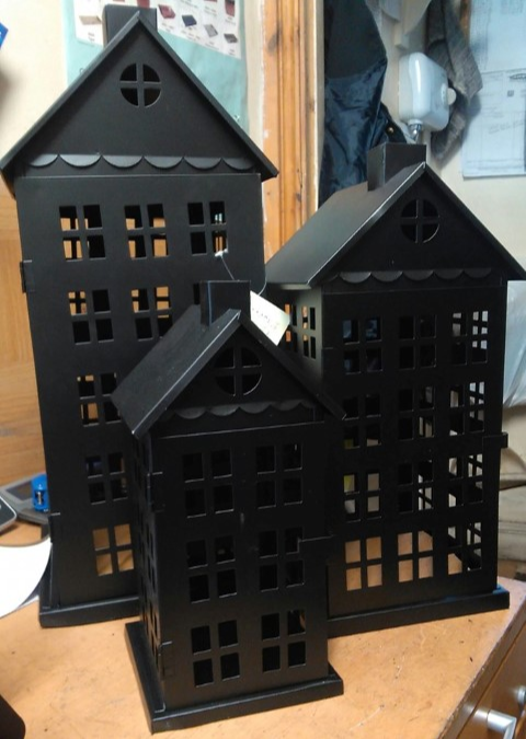 Set of 3 tall house steel lanterns